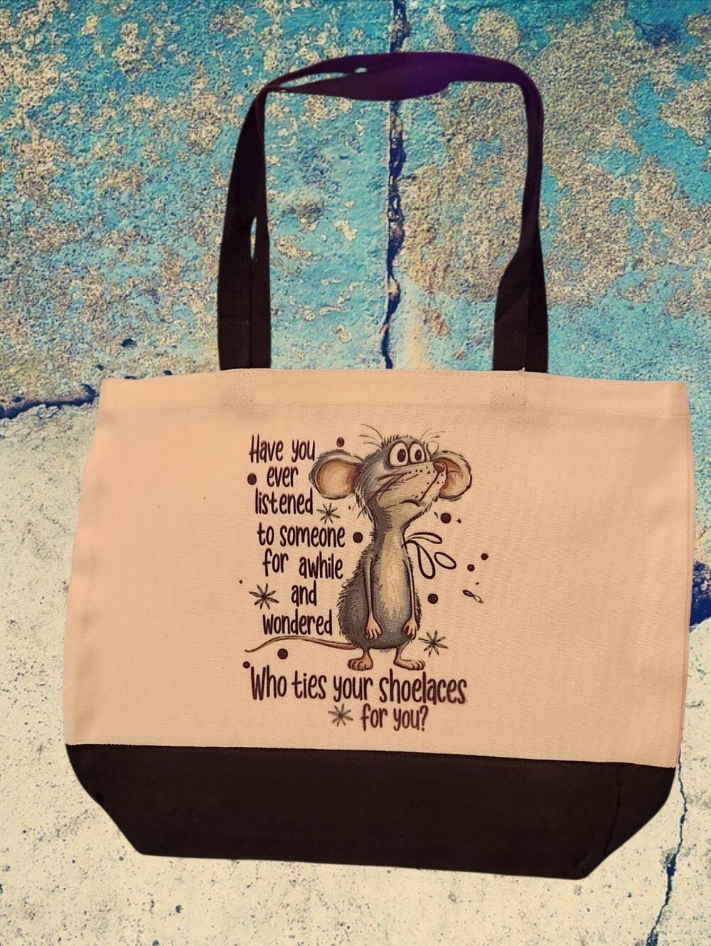 Canvas Tote Bag with Quote and Funny Cartoon Mouse Character - NWT